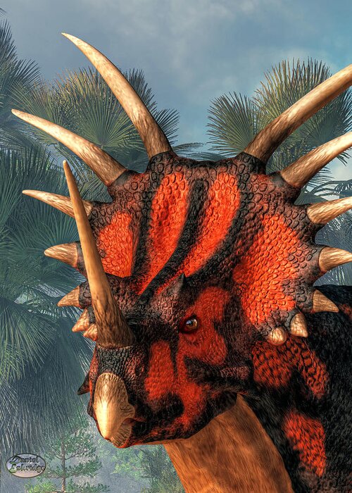 Styracosaurus Greeting Card featuring the digital art Styracosaurus Head by Daniel Eskridge