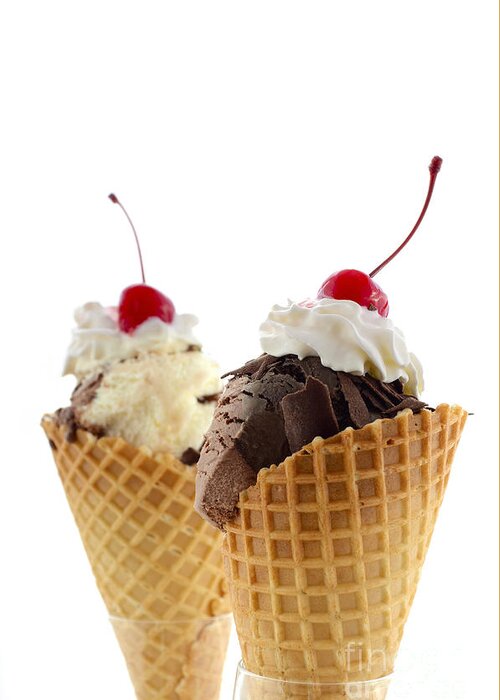 Brown Greeting Card featuring the photograph Summer chocolate and vanilla ice cream wafer cones. by Milleflore Images