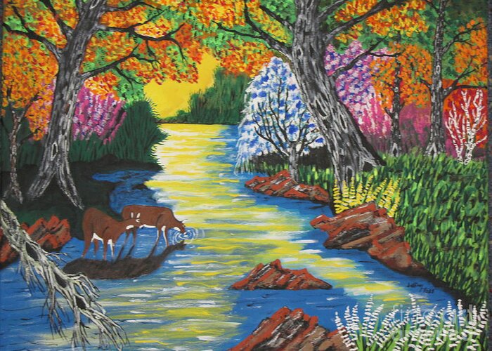 Art Greeting Card featuring the painting Summer Deer Crossing by Jeffrey Koss