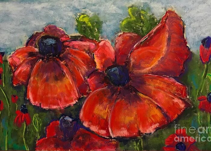 Landscape Greeting Card featuring the pastel Summer Field of Poppies by Vickie Scarlett-Fisher