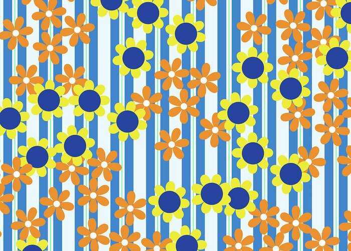 Summer Greeting Card featuring the digital art Summer Floral Stripes Blue Yellow Orange Flowers by Beverly Claire Kaiya