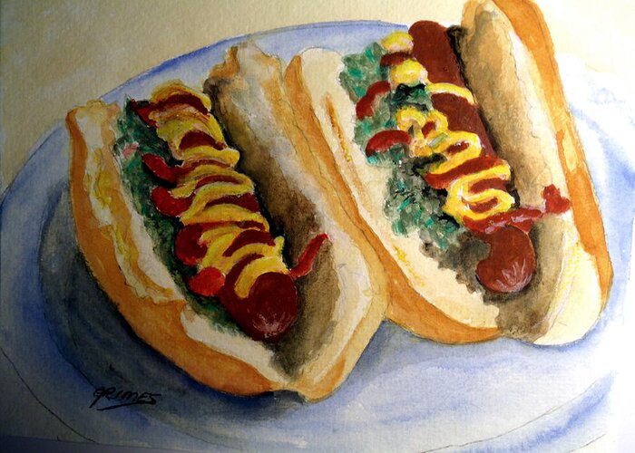 Hot Dogs Greeting Card featuring the painting Summer Hot Dogs by Carol Grimes