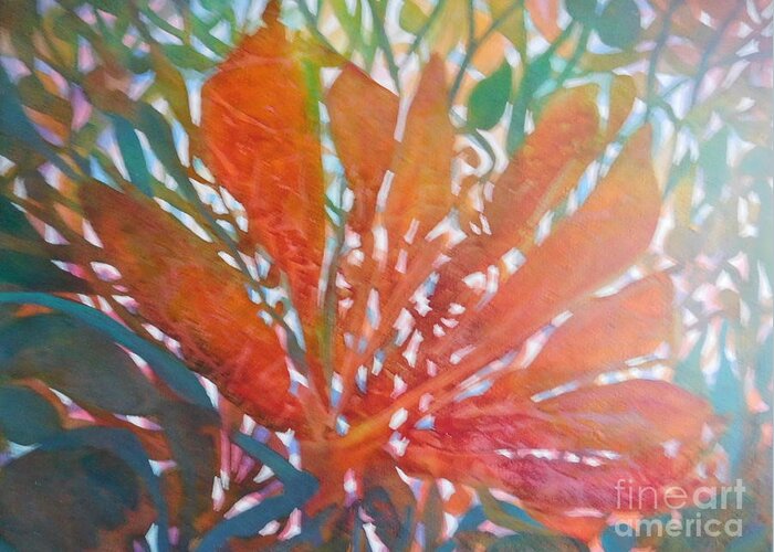 Vibrant Tropical Bloom In All The Colors Of The Rainbow - A Real Attention Grabber. One Of My Favorites - This Tropical Bloom Incorporates All Of The Rainbow Colors And Will Add A Bright Spot To Any Room. Greeting Card featuring the painting Summer Magic by Joan Clear