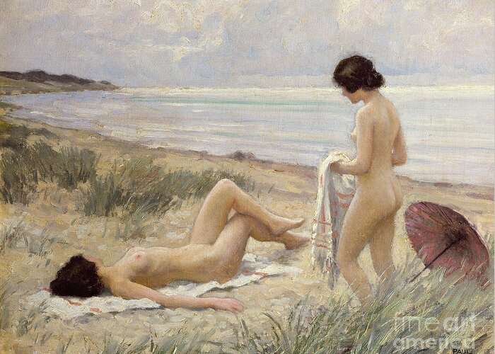 Summer On The Beach Greeting Card featuring the painting Summer on the Beach by Paul Fischer