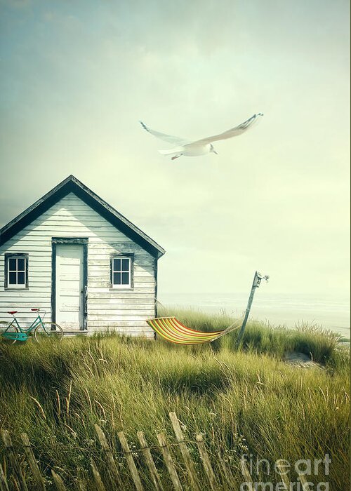 Atmosphere Greeting Card featuring the photograph Summer shack with hammock by the ocean by Sandra Cunningham