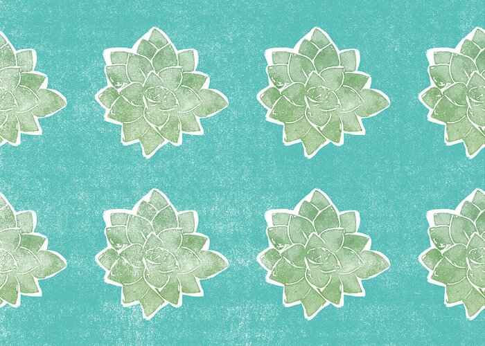 Succulents Plant Garden Boho Chic Floral Botanical Blue Green White Weathered Pattern Summer Spring Nature Plant Lover Home Decorairbnb Decorliving Room Artbedroom Artcorporate Artset Designgallery Wallart By Linda Woodsart For Interior Designersgreeting Cardpillowtotehospitality Arthotel Artart Licensing Greeting Card featuring the mixed media Summer Succulents- Art by Linda Woods by Linda Woods