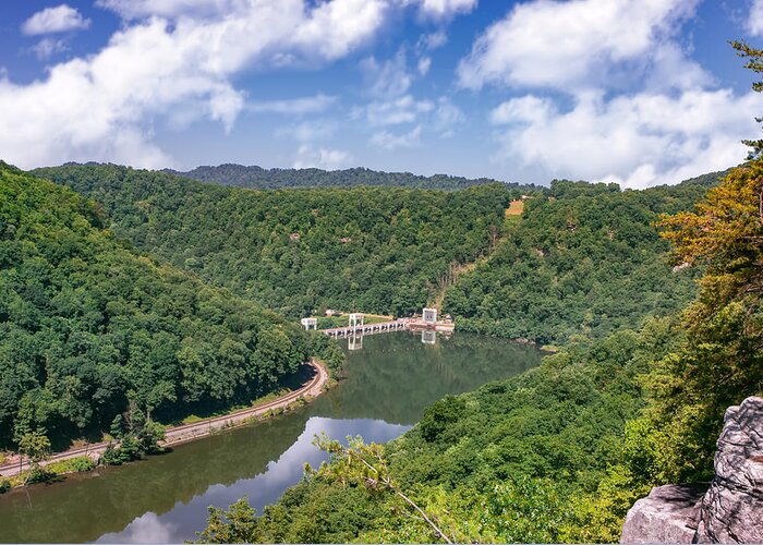 Hawks Nest State Park; West Virginia State Park; New River National River; New River Gorge; Wv; Summer; Blue Skies; Reflections; Hawks Nest Dam; Green Mountains; Hn158 Greeting Card featuring the photograph Summer view at Lovers Leap by Mary Almond