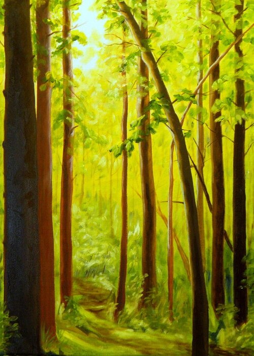 Trees Leaves Sunlight Shadows Bushes Plants Landscape Branches Grasses Trail Forest Cottonwoods Deciduous Green Brown Orange Yellow Leaning Tilting Small Large Greeting Card featuring the painting Summer Woods by Ida Eriksen