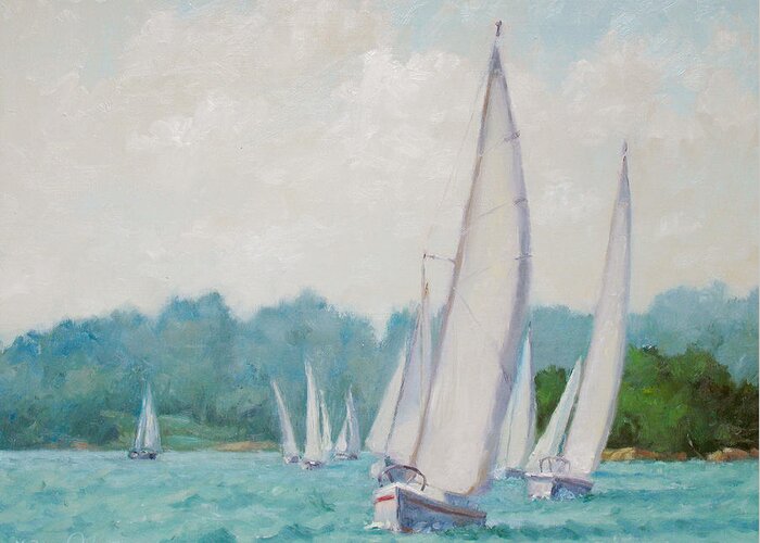 Sail Boats Greeting Card featuring the painting Sun Cruisers by L Diane Johnson