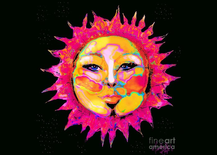  Strong Sensual Female Sun Face Portrait Surrounded Bystars Greeting Card featuring the digital art Sun Goddess She Sun by Priscilla Batzell Expressionist Art Studio Gallery