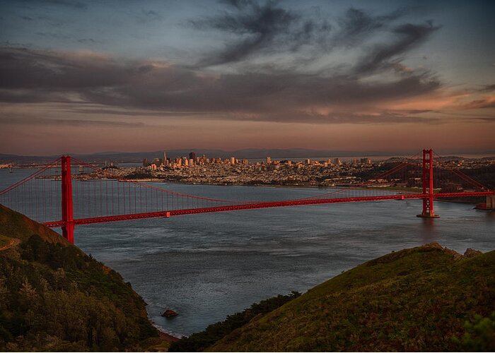 Golden Gate Bridge Greeting Card featuring the photograph Sun Set on Golden Gate Bridge by Paul Freidlund