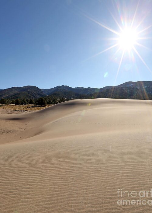 Sun Up At Great Sand Dunes National Park; National Parks; The Great Outdoors; Colorado; Fun In The Sun; Playing In The Sand Greeting Card featuring the photograph Sun up at Great Dunes National Park by Betty Morgan