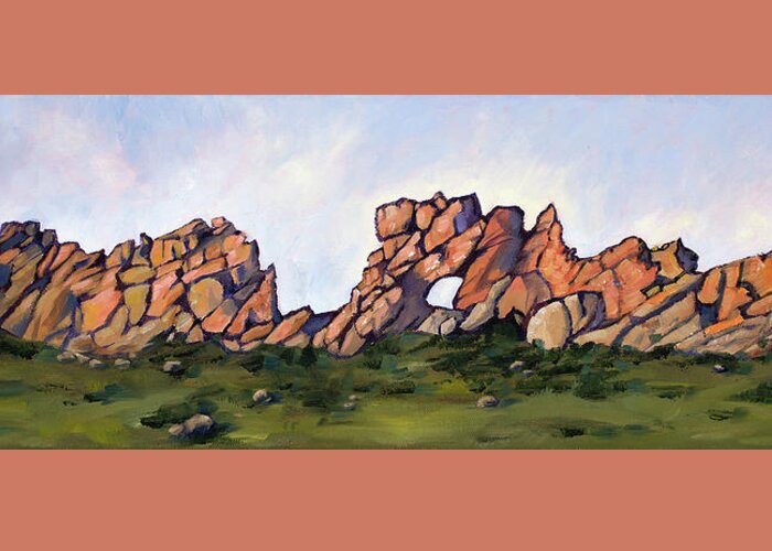 Devil's Backbone Greeting Card featuring the painting Sundown at the Backbone by Mary Benke