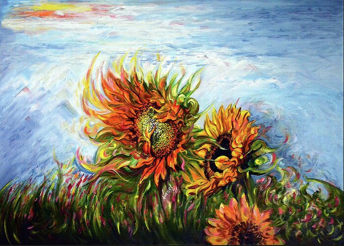 Sunflowers Greeting Card featuring the painting Sunflower - Burning Desire to Fly by Harsh Malik