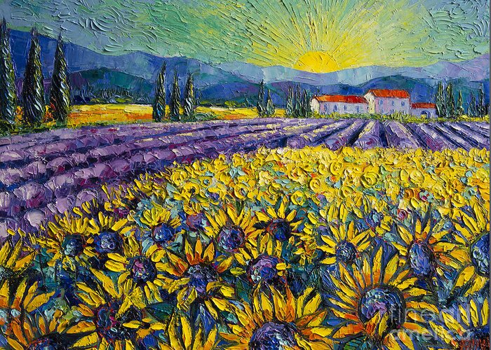 Sunflowers And Lavender Field The Colors Of Provence Greeting Card featuring the painting SUNFLOWERS AND LAVENDER FIELD - THE COLORS OF PROVENCE Modern Impressionist Palette Knife Painting by Mona Edulesco