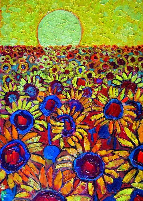 Sunflowers Greeting Card featuring the painting Sunflowers Field At Sunrise by Ana Maria Edulescu