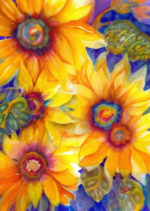 Watercolor Greeting Card featuring the painting Sunflowers on Blue II by Ann Nicholson