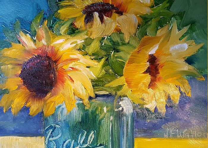 Sunflowers Greeting Card featuring the painting Sunfowers/Blue Ball jar by Judy Fischer Walton