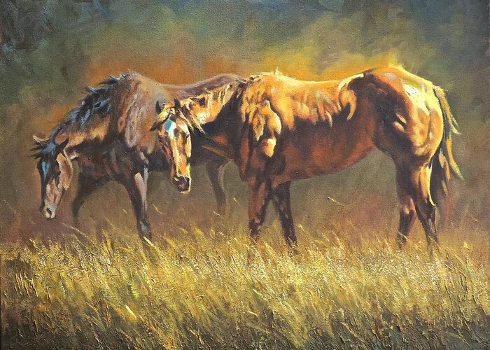 Horses Greeting Card featuring the painting Sunkissed by Mia DeLode
