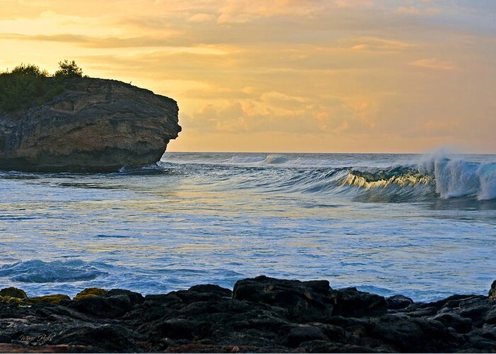 Hawaii Greeting Card featuring the photograph Sunlit Waves - Kauai Dawn by Marie Hicks