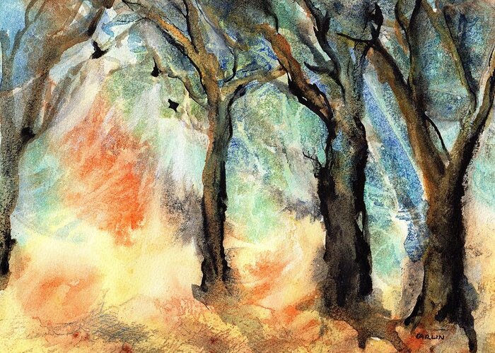 Trees Greeting Card featuring the painting Sunny Wooded Feel by Carlin Blahnik CarlinArtWatercolor