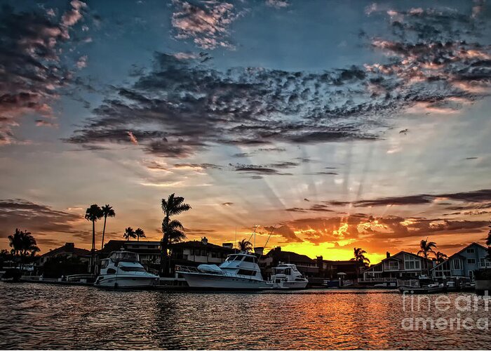 Sun Rays Greeting Card featuring the photograph Sunrays over Huntington Harbour by Peter Dang