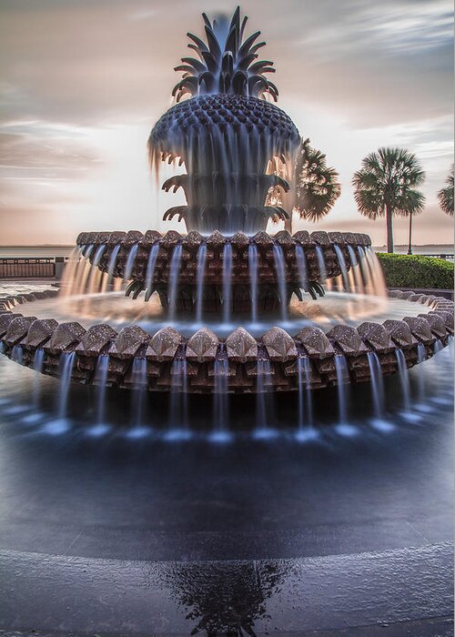 Pineapple Greeting Card featuring the photograph Sunrise at Pineapple Fountain Charleston by John McGraw