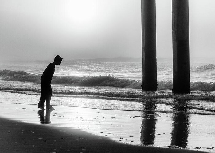 Beach Greeting Card featuring the photograph Sunrise Boy in Foggy Beach by John McGraw