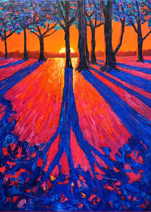 Trees Greeting Card featuring the painting Sunrise In Glory - Long Shadows Of Trees At Dawn by Ana Maria Edulescu