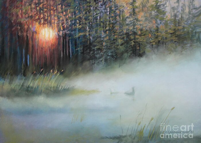 Fog Greeting Card featuring the pastel Sunrise On Loon Lake by Delores Herringshaw