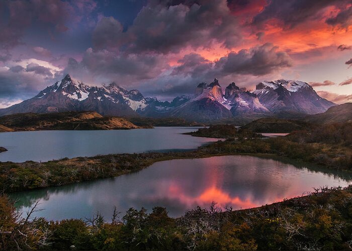 Chile Greeting Card featuring the photograph Sunrise spectacular at Torres Del Paine. by Usha Peddamatham
