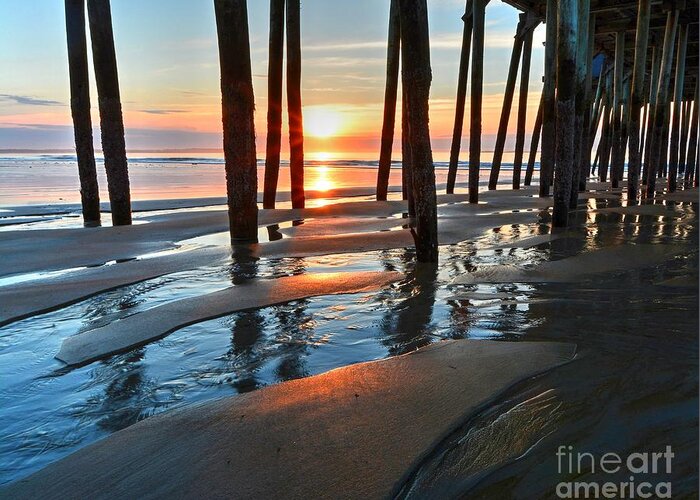 Old Orchard Beach Pier Greeting Card featuring the photograph Sunrise Through the Pier by Steve Brown