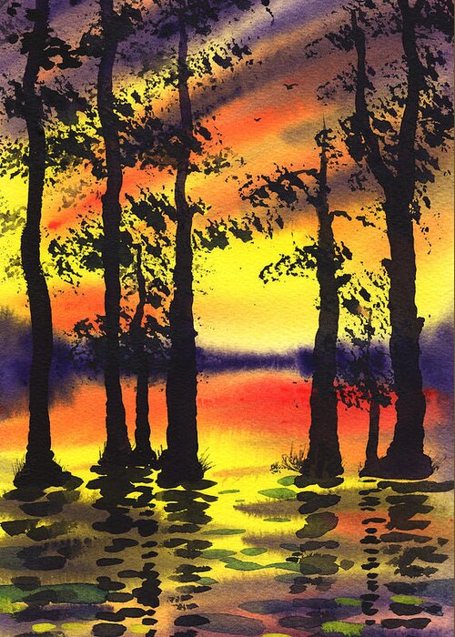Sunset Greeting Card featuring the painting Sunset And The Trees by Irina Sztukowski