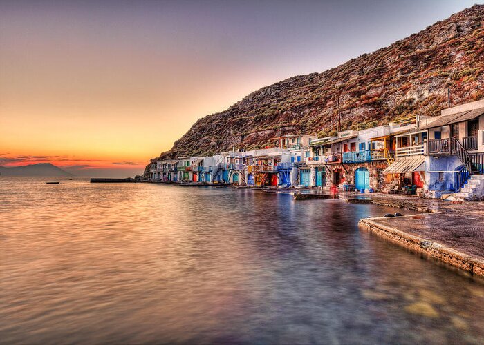 Milos Greeting Card featuring the photograph Sunset at Klima in Milos - Greece by Constantinos Iliopoulos