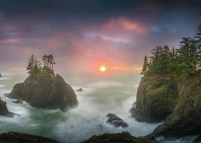 America Greeting Card featuring the photograph Sunset between Sea stacks with trees of Oregon coast by William Lee