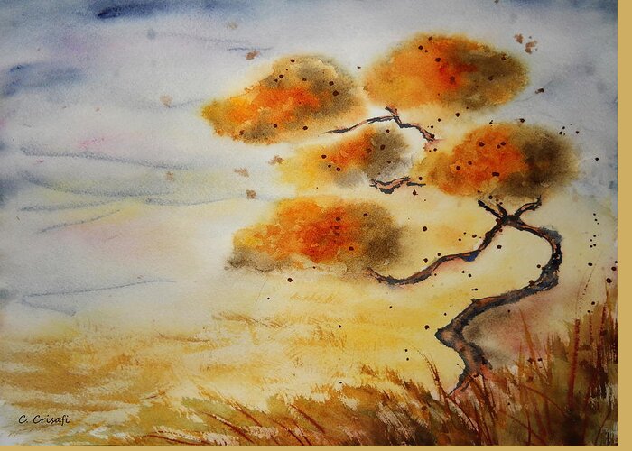Watercolor Greeting Card featuring the painting Sunset Bonsai by Carol Crisafi