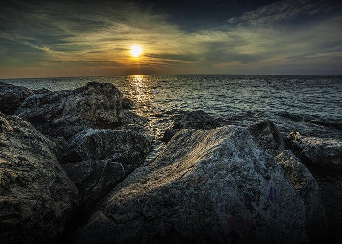 Sea Greeting Card featuring the photograph Sunset from the Channel Breakwater Rocks by Randall Nyhof