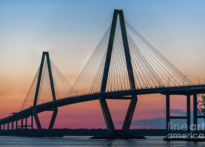 Arthur Ravenel Jr. Bridge Greeting Card featuring the photograph Sunset Glow over the Cooper River Bridge by Dale Powell