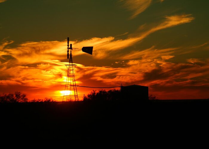 Wind Mill Greeting Card featuring the photograph Sunset on a windmill Jal New Mexico by Jeff Swan