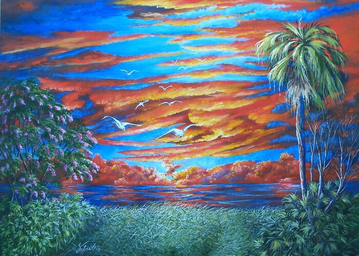 Landscape Greeting Card featuring the painting Sunset on East Lake by Dennis Vebert
