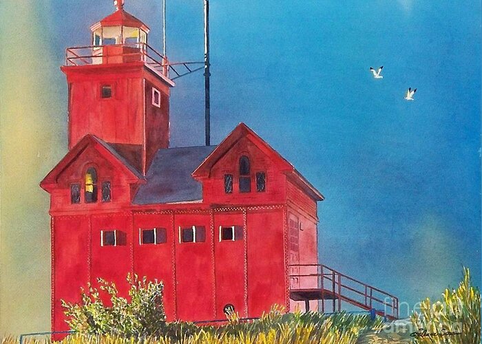 Lakes Greeting Card featuring the painting Sunset on Holland Light by LeAnne Sowa