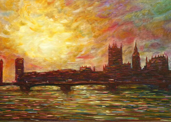 Westminster Greeting Card featuring the painting Sunset on Thames by Pete Caswell