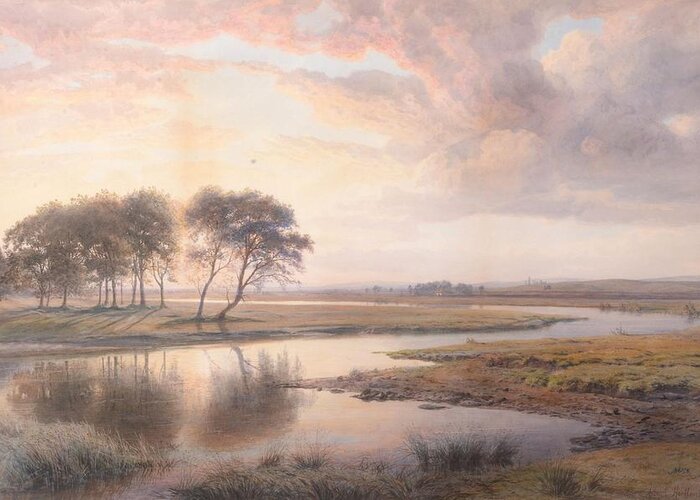 Henry Albert Hartland (1840-1893) Sunset On The Shannon Greeting Card featuring the painting Sunset on The Shannon by Henry Albert