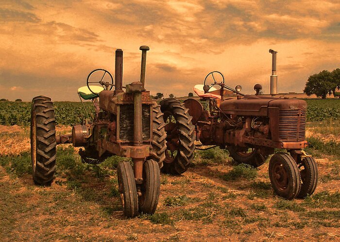 John Deere Greeting Card featuring the photograph Sunset on the Tractors by Ken Smith