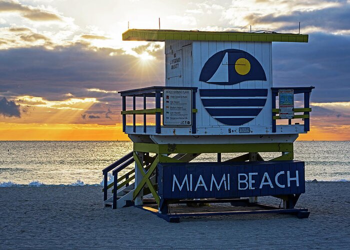 Miami Greeting Card featuring the photograph Sunset over Miami Beach Miami Lifeguard House Florida by Toby McGuire