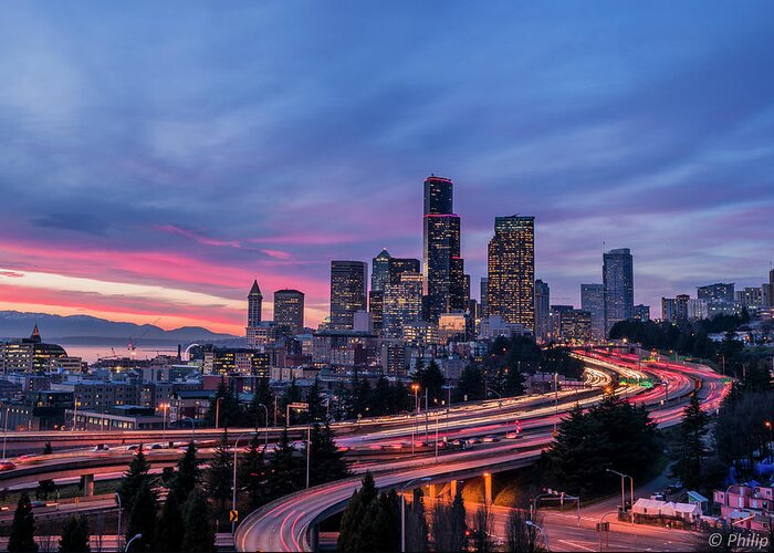 Sunset Greeting Card featuring the photograph Sunset over Seattle city by Philip Cho