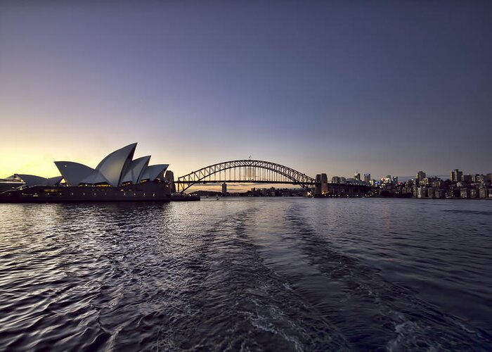 Sunset Greeting Card featuring the photograph Sunset over Sydney Harbor Bridge and Sydney Opera House by Douglas Barnard