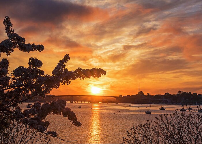 Salem Greeting Card featuring the photograph Sunset over the Salem Beverly Bridge From the Salem Willows Salem MA by Toby McGuire