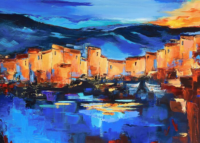 Sunset Over The Village Greeting Card featuring the painting Sunset Over the Village 2 by Elise Palmigiani by Elise Palmigiani