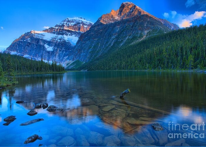 Cavell Greeting Card featuring the photograph Sunset Reflections In Cavell Lake by Adam Jewell
